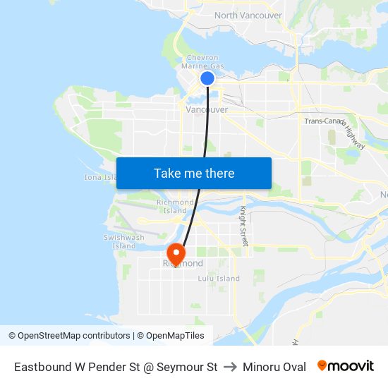 Eastbound W Pender St @ Seymour St to Minoru Oval map