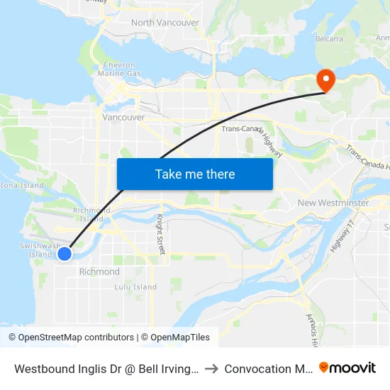 Westbound Inglis Dr @ Bell Irving Rd to Convocation Mall map