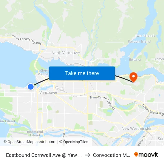 Eastbound Cornwall Ave @ Yew St to Convocation Mall map