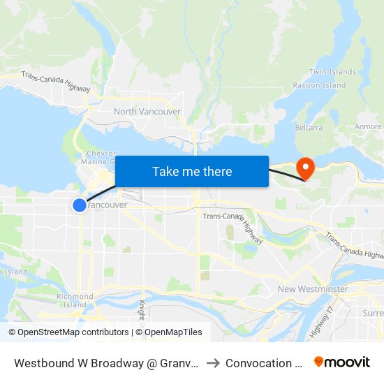 Westbound W Broadway @ Granville St to Convocation Mall map