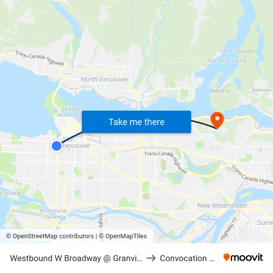 Westbound W Broadway @ Granville St to Convocation Mall map