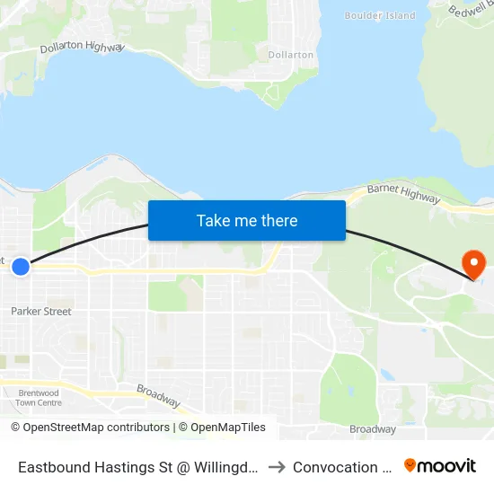 Eastbound Hastings St @ Willingdon Ave to Convocation Mall map
