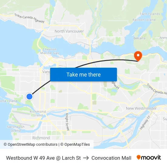 Westbound W 49 Ave @ Larch St to Convocation Mall map