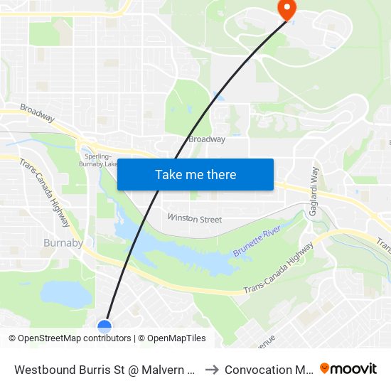 Westbound Burris St @ Malvern Ave to Convocation Mall map