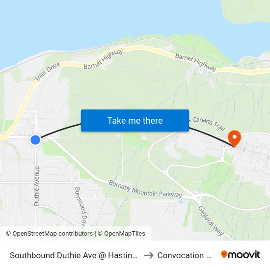 Southbound Duthie Ave @ Hastings St to Convocation Mall map
