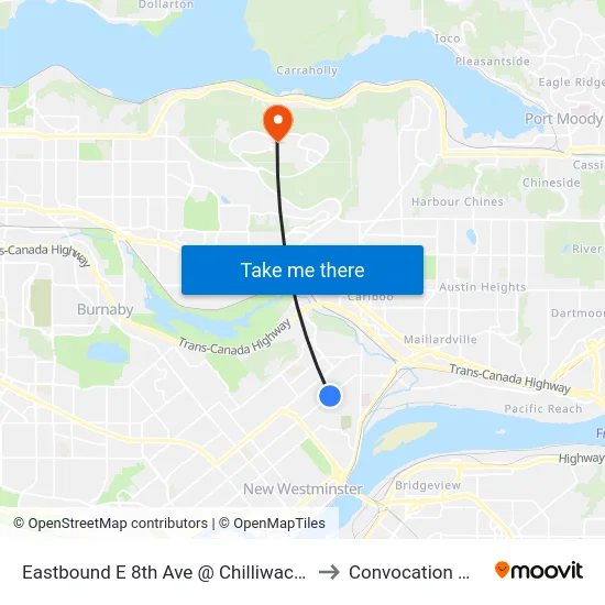 Eastbound E 8th Ave @ Chilliwack St to Convocation Mall map
