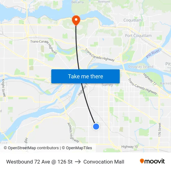 Westbound 72 Ave @ 126 St to Convocation Mall map
