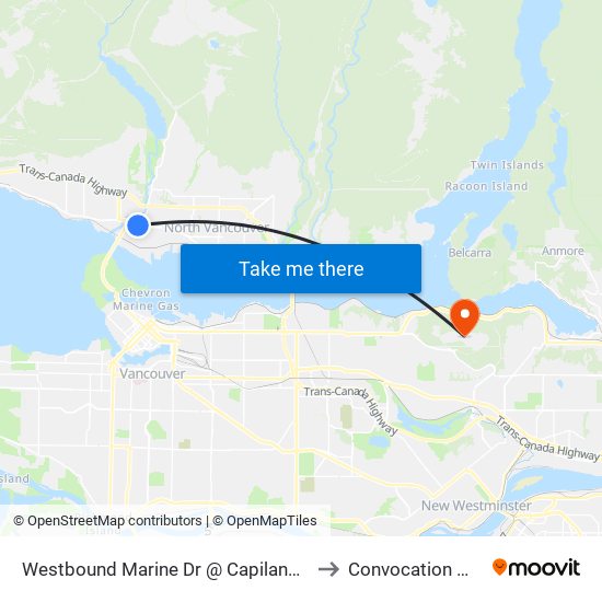 Westbound Marine Dr @ Capilano Rd to Convocation Mall map