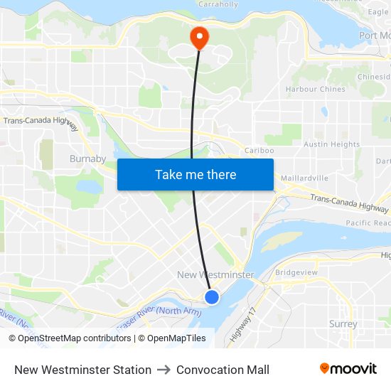 New Westminster Station to Convocation Mall map