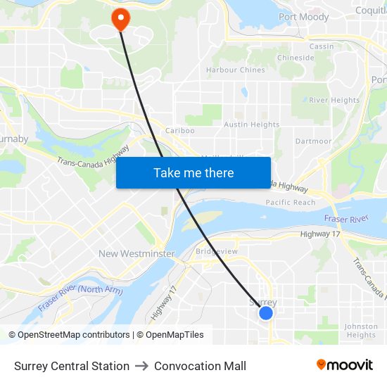 Surrey Central Station to Convocation Mall map