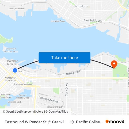 Eastbound W Pender St @ Granville St to Pacific Coliseum map