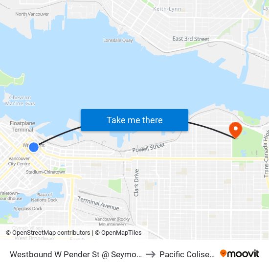 Westbound W Pender St @ Seymour St to Pacific Coliseum map