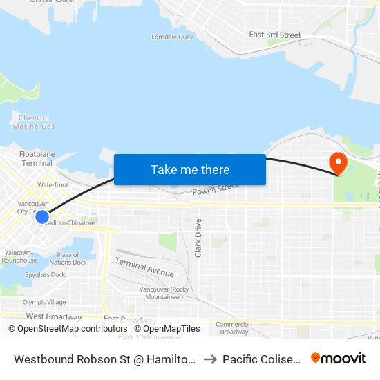 Westbound Robson St @ Hamilton St to Pacific Coliseum map