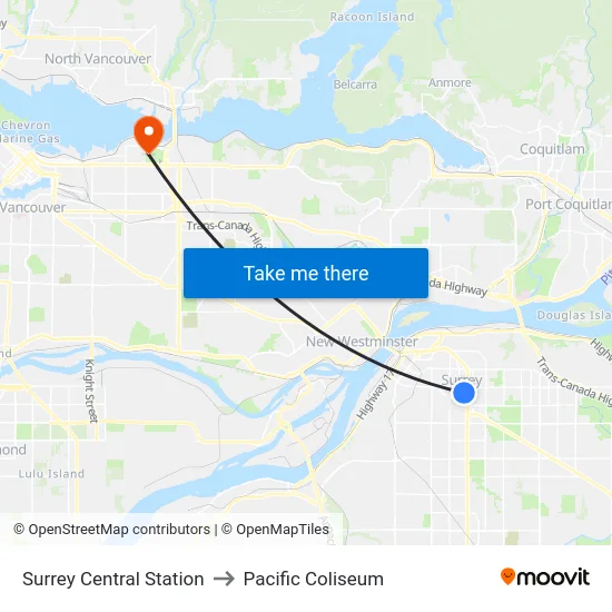 Surrey Central Station to Pacific Coliseum map