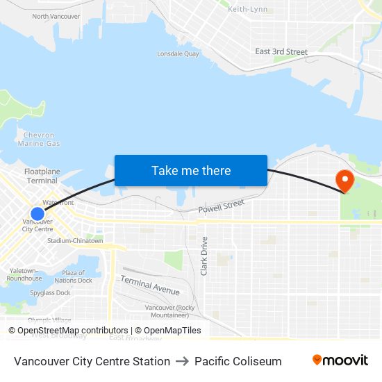 Vancouver City Centre Station to Pacific Coliseum map