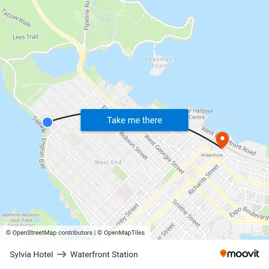 Sylvia Hotel to Waterfront Station map