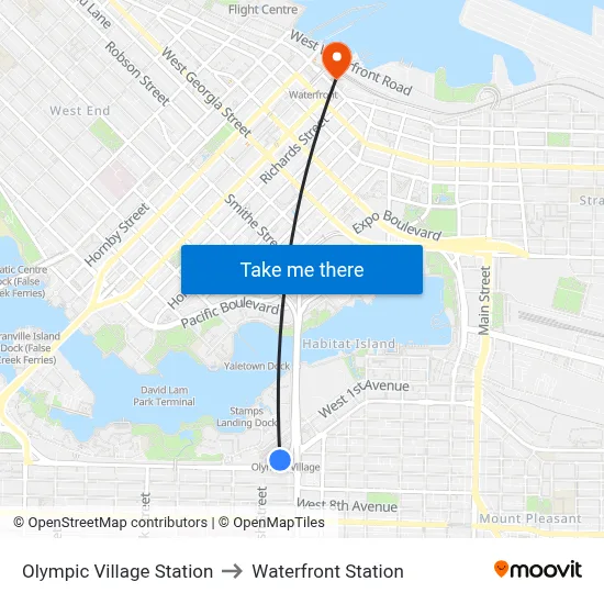 Olympic Village Station to Waterfront Station map