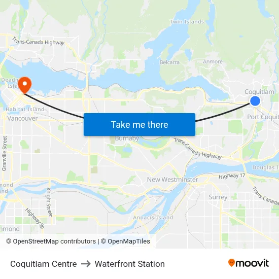 Coquitlam Centre to Waterfront Station map