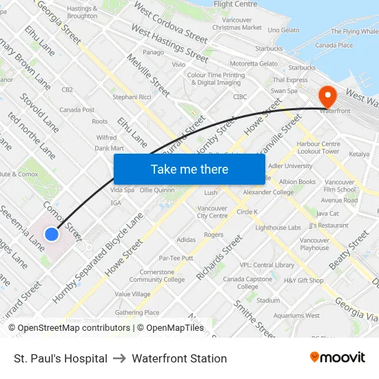 St. Paul's Hospital to Waterfront Station map