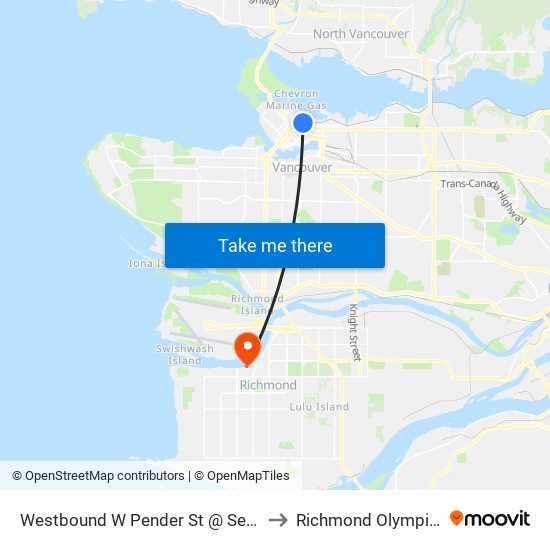 Westbound W Pender St @ Seymour St to Richmond Olympic Oval map