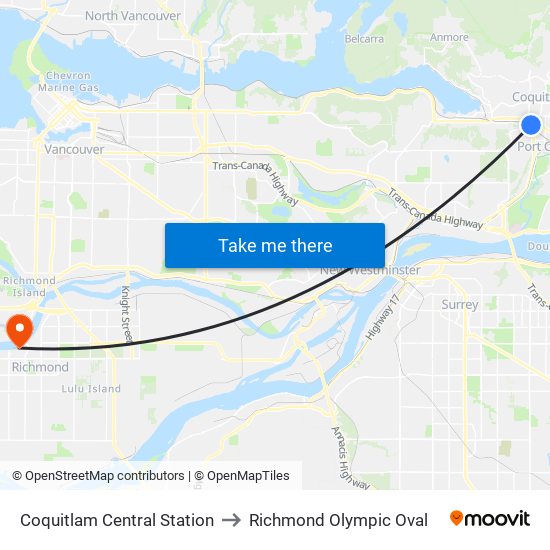 Coquitlam Central Station to Richmond Olympic Oval map