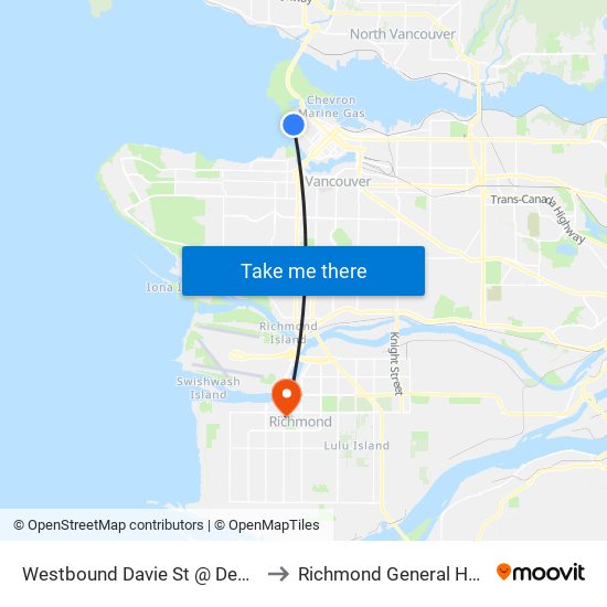 Westbound Davie St @ Denman St to Richmond General Hospital map