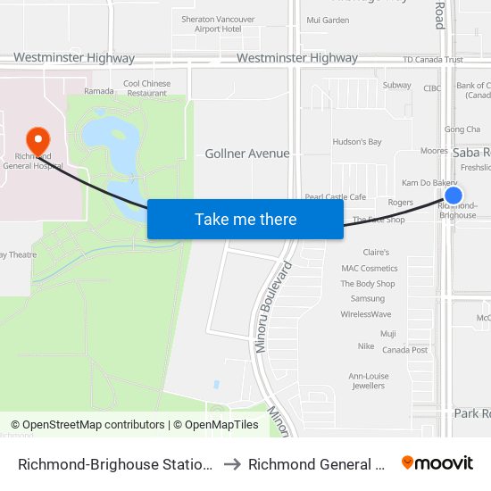 Richmond-Brighouse Station @ Bay 3 to Richmond General Hospital map