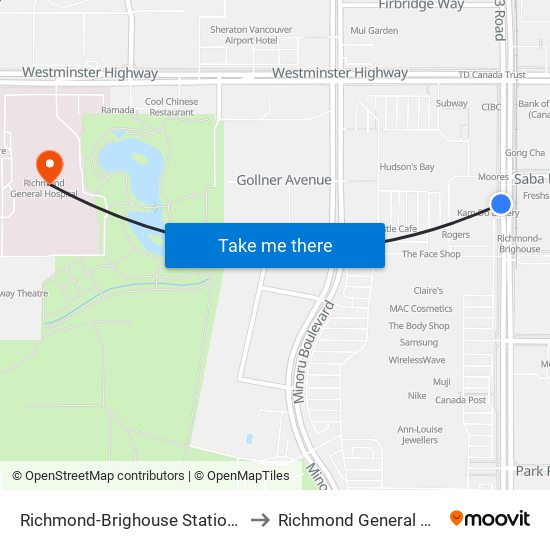 Richmond-Brighouse Station @ Bay 5 to Richmond General Hospital map