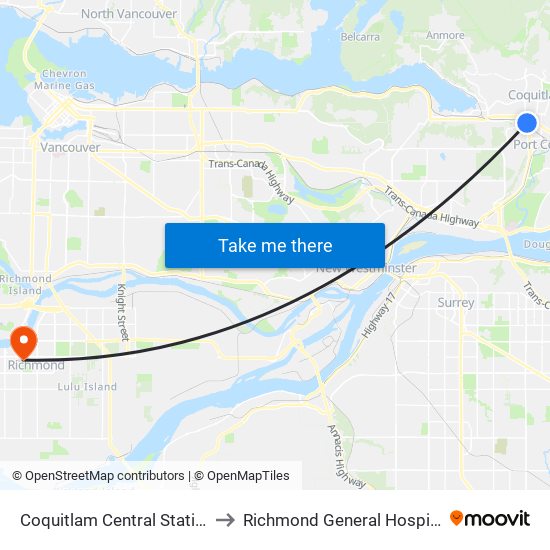 Coquitlam Central Station to Richmond General Hospital map