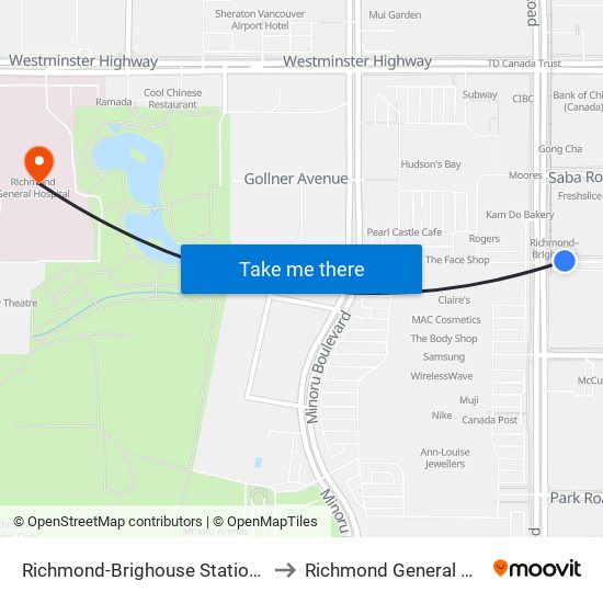 Richmond-Brighouse Station @ Bay 1 to Richmond General Hospital map