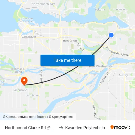 Northbound Clarke Rd @ Kemsley Ave to Kwantlen Polytechnic University map