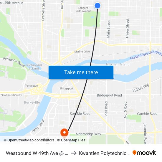 Westbound W 49th Ave @ Manitoba St to Kwantlen Polytechnic University map