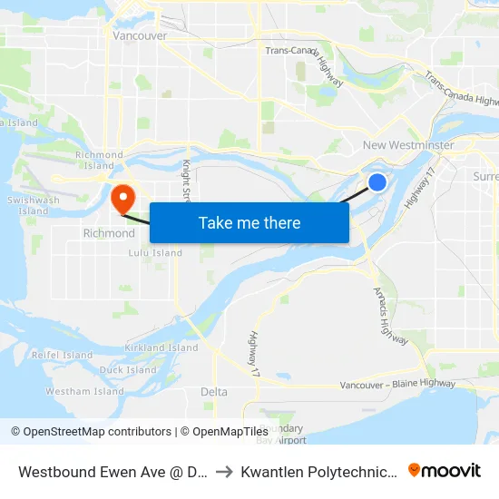 Westbound Ewen Ave @ Derwent Way to Kwantlen Polytechnic University map