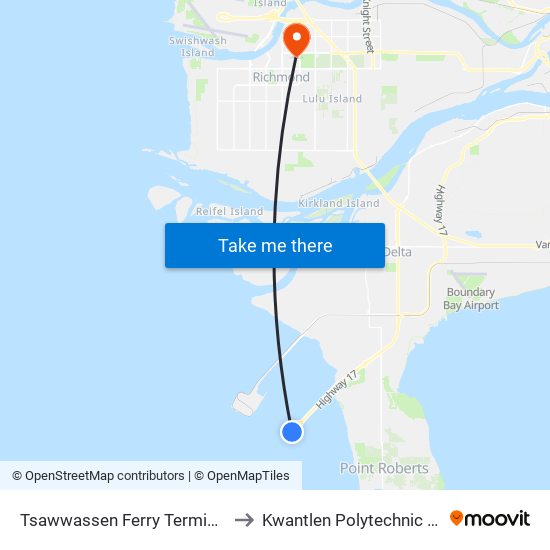 Tsawwassen Ferry Terminal @ Bay 2 to Kwantlen Polytechnic University map
