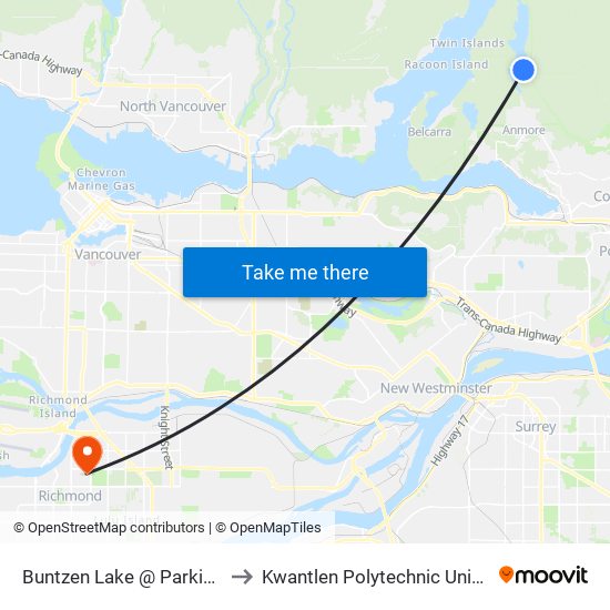 Buntzen Lake @ Parking Lot to Kwantlen Polytechnic University map