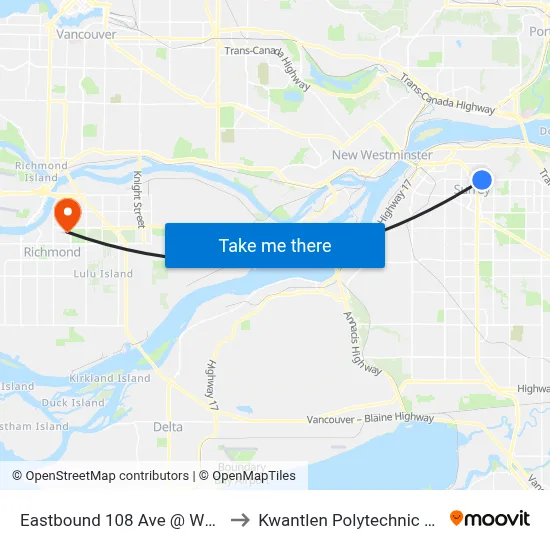 Eastbound 108 Ave @ Whalley Blvd to Kwantlen Polytechnic University map