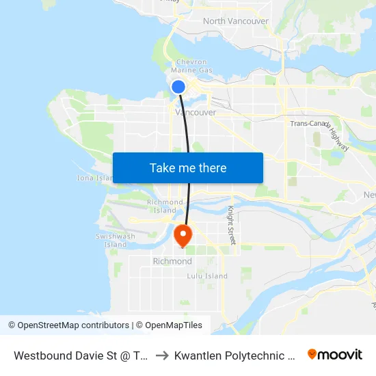 Westbound Davie St @ Thurlow St to Kwantlen Polytechnic University map
