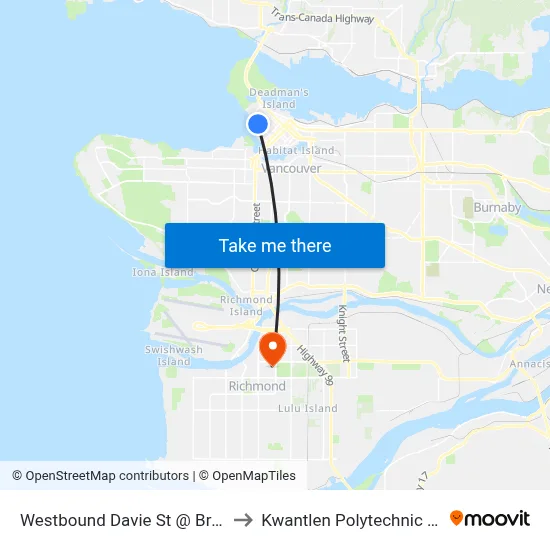 Westbound Davie St @ Broughton St to Kwantlen Polytechnic University map