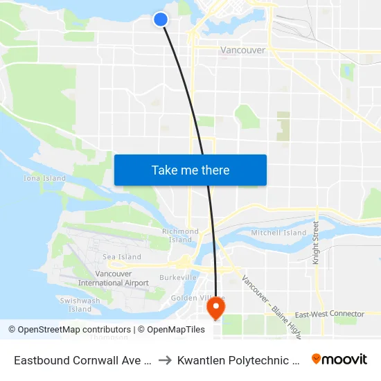 Eastbound Cornwall Ave @ Yew St to Kwantlen Polytechnic University map