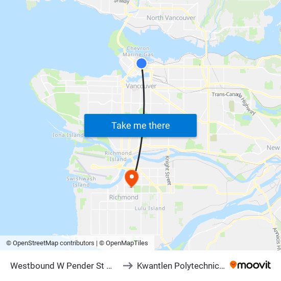 Westbound W Pender St @ Seymour St to Kwantlen Polytechnic University map