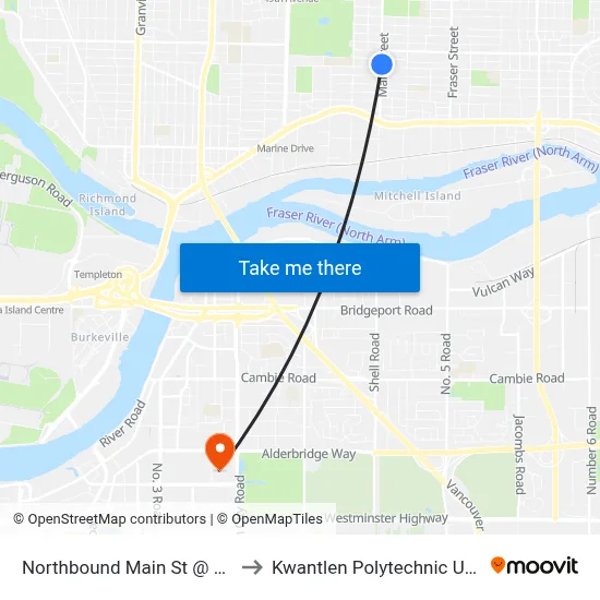 Northbound Main St @ E 59 Ave to Kwantlen Polytechnic University map
