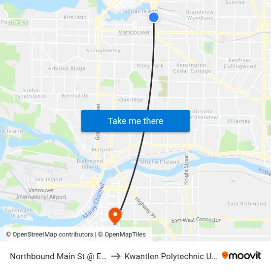 Northbound Main St @ E 2nd Ave to Kwantlen Polytechnic University map