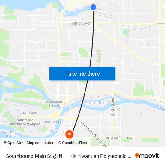 Southbound Main St @ National Ave to Kwantlen Polytechnic University map