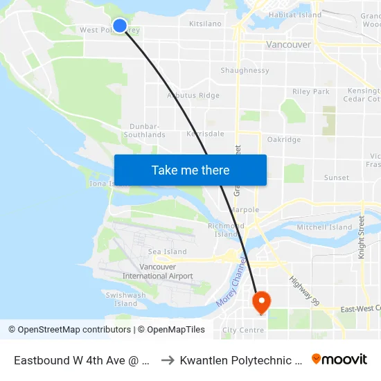 Eastbound W 4th Ave @ 4100 Block to Kwantlen Polytechnic University map