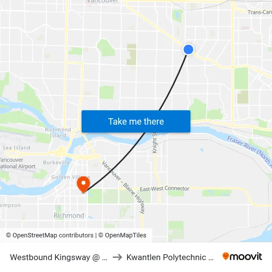 Westbound Kingsway @ Slocan St to Kwantlen Polytechnic University map