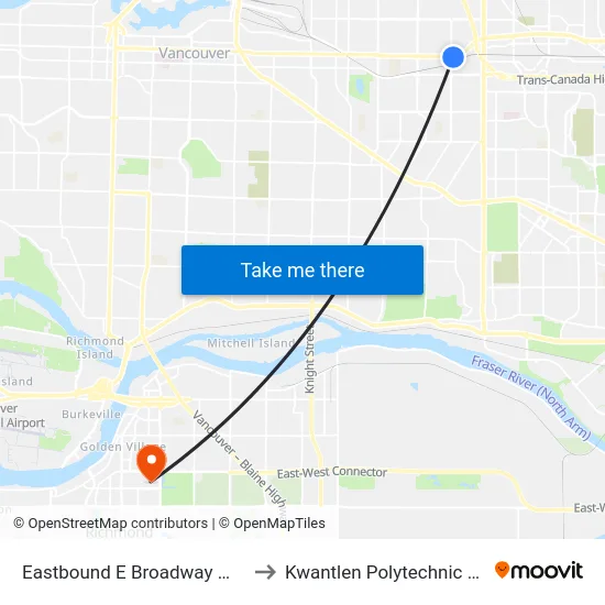 Eastbound E Broadway @ Rupert St to Kwantlen Polytechnic University map