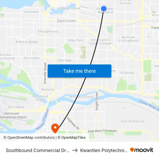Southbound Commercial Dr @ Kitchener St to Kwantlen Polytechnic University map