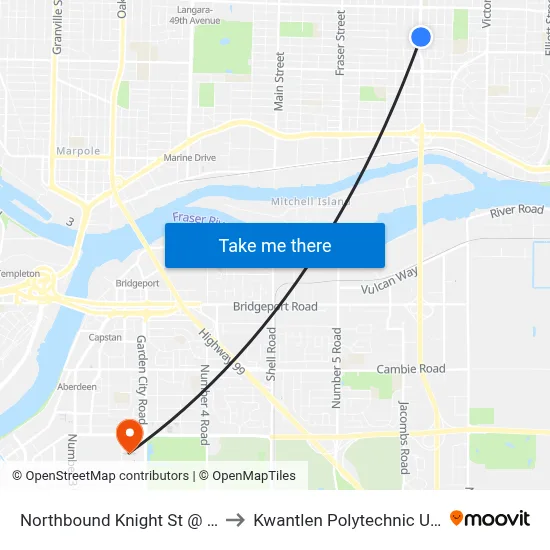 Northbound Knight St @ E 53 Ave to Kwantlen Polytechnic University map