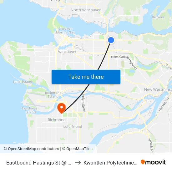 Eastbound Hastings St @ Ingleton Ave to Kwantlen Polytechnic University map