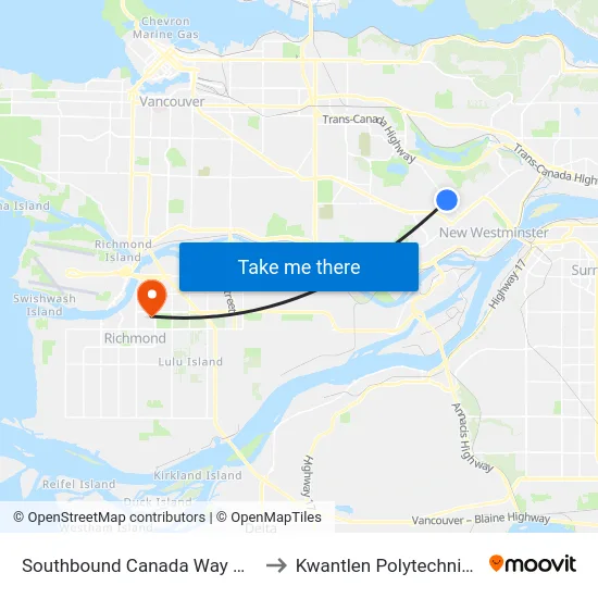 Southbound Canada Way @ Edmonds St to Kwantlen Polytechnic University map